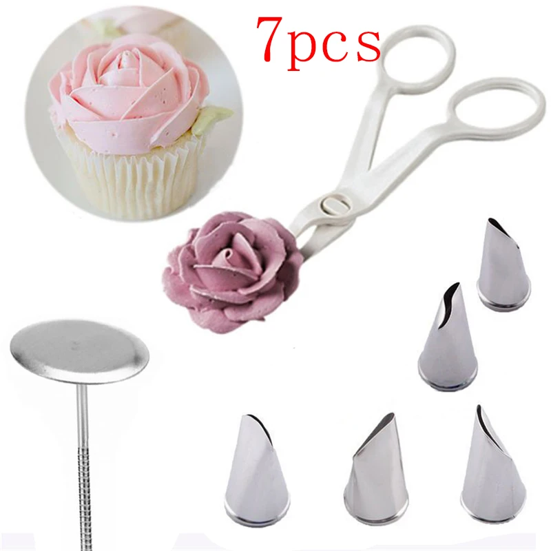 

7Pcs/set Flower Scissor+Cake Tray +5pcs Tulips Rose Nozzle Nail Decor Lifter Fondant Cream Transfer Baking Pastry Kitchen