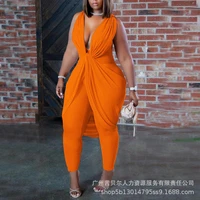 womens jumpsuits summer sexy solid color pleated high waist jumpsuits womens fashion sleeveless v neck slim pencil jumpsuits