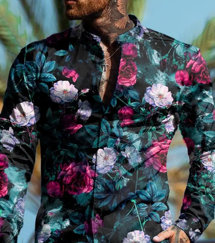 Мужская рубашка с длинным рукавом цветочным принтом