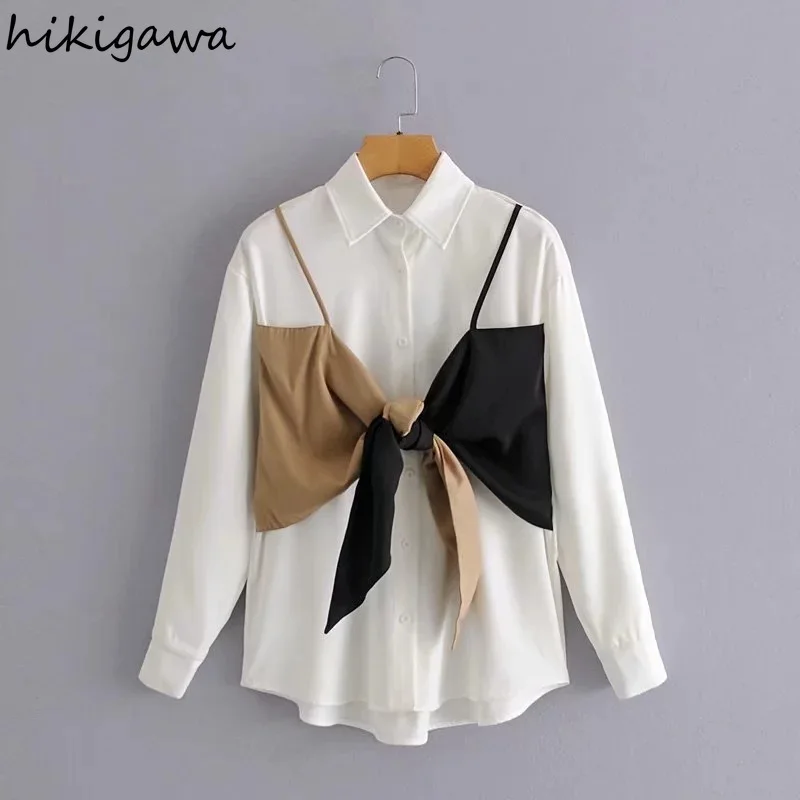 

Hikigawa Женская мода, имитация двух частей, Лоскутная кофта, белые рубашки, повседневные блузки с отложным воротником и длинным рукавом, шикарн...