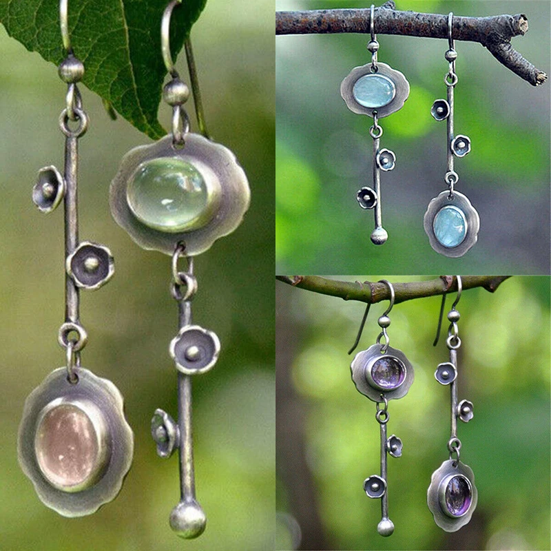 

Dangle Drop Earrings 925 Silver Jewelry Vintage Ear Hook Fashion Women Moonstone