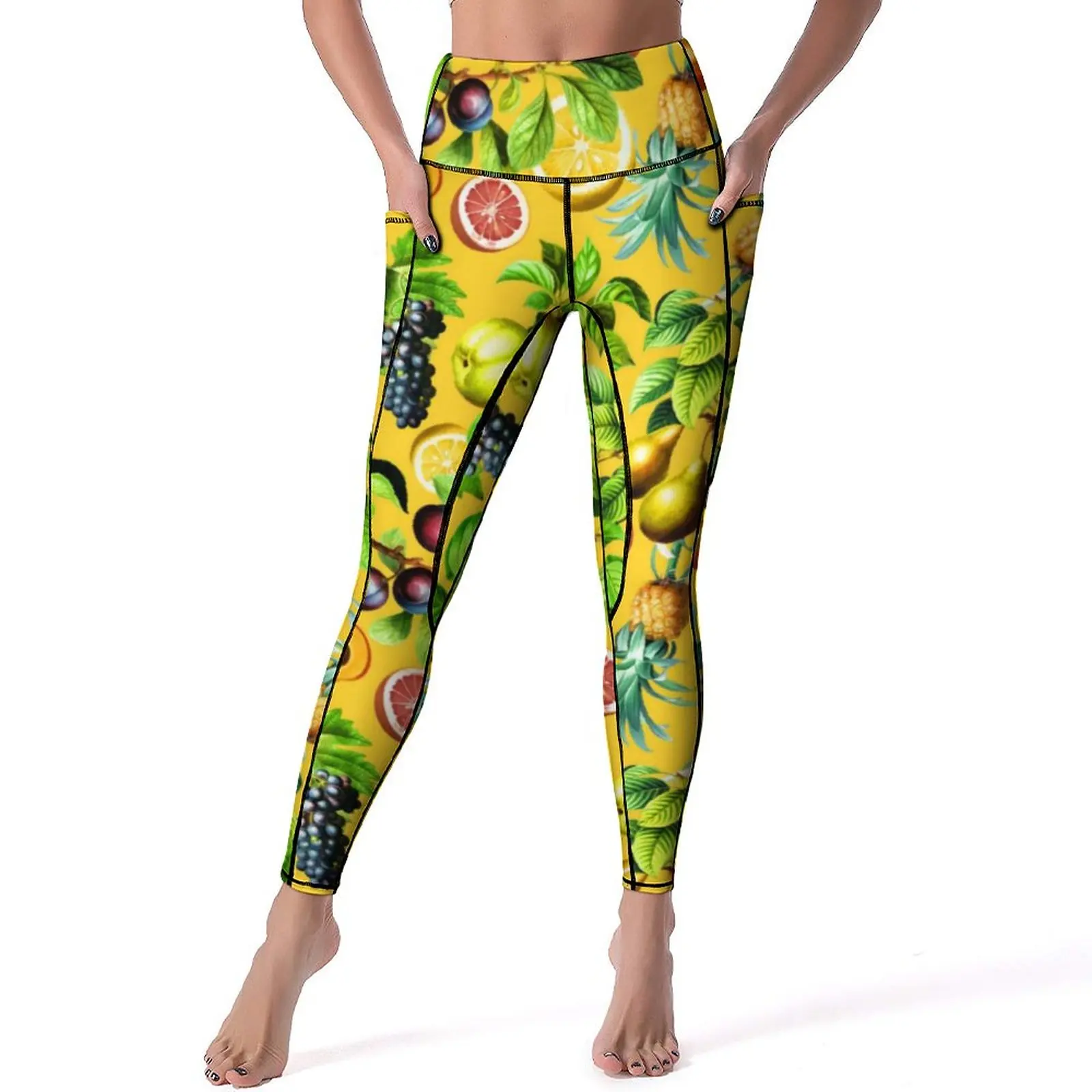 

Tropical Fruit Print Yoga Pants Pockets Women Pineapple Lemon Leggings Sexy Cute Yoga Sports Tights Quick-Dry Custom Gym Leggins