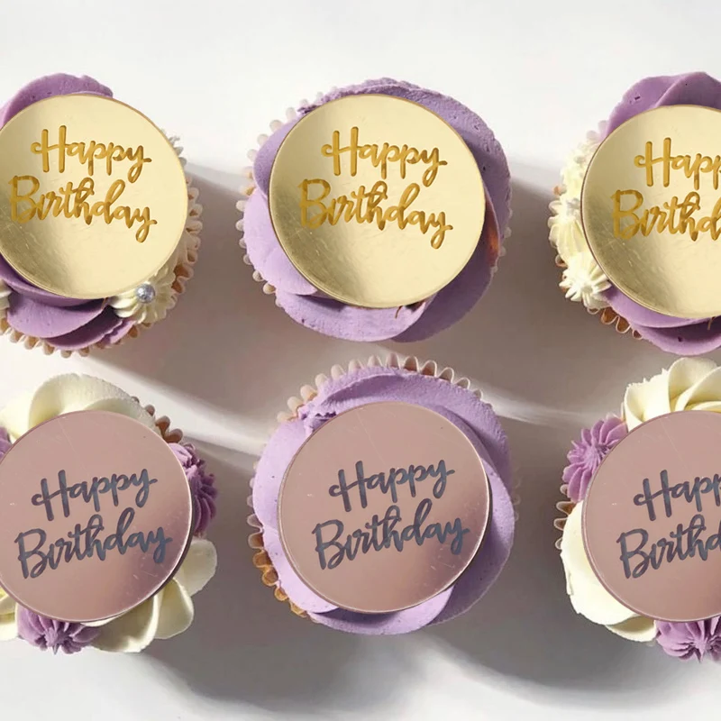 

10pcs Set Gold Baby Shower Happy Birthday Cake Toppers Mirror Acrylic Baking Cupcakes Card Decorations Party Cupcake Insert Flag