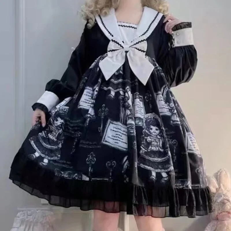

Dark Gothic Lolita Dress Women Sweet Sailor Collar Long Sleeve Princess Dresses Girly Kawaii Bow Ruffles Party Lolita Clothing