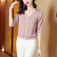 office lady blouses for work 2022 summer women clothing korean fashion acetate satin casual tops three quarter v neck shirts