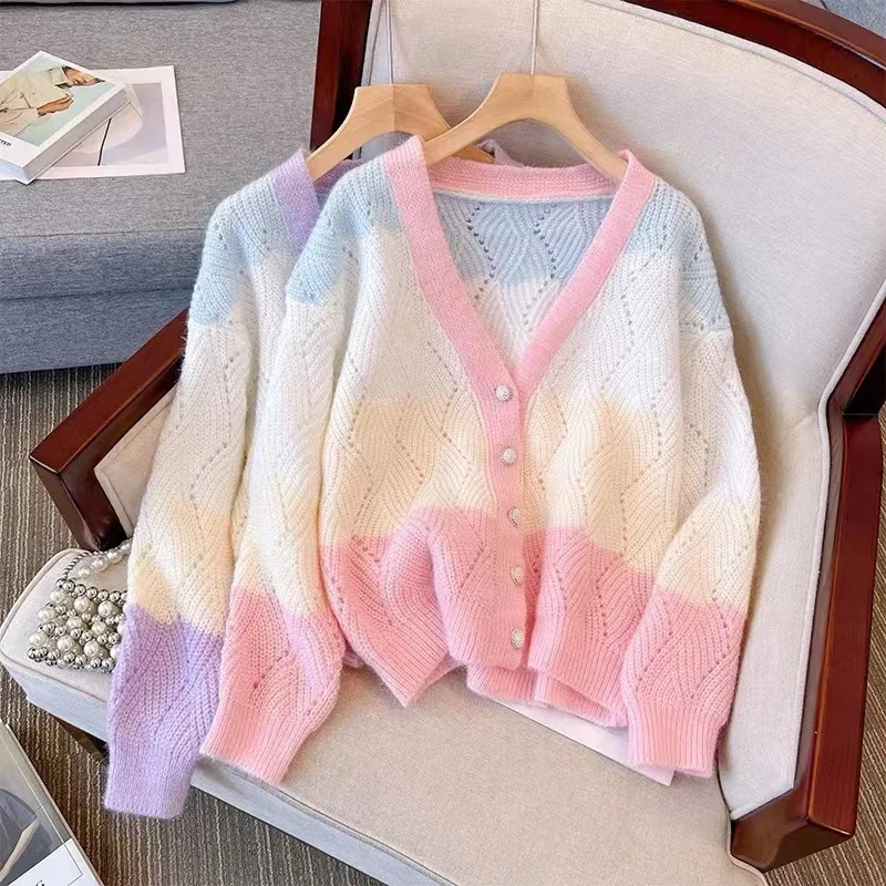 

Mink Fleece Loose Knitted Sweater Women's V-neck Long Sleeve Knitted Cardigan Sweater New Korean Hollow Top Contrast Sweet Coat