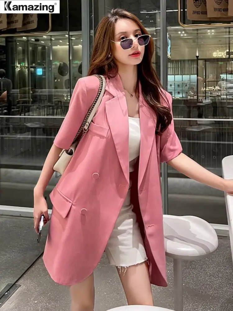 

Korean Fashion Solid Notched Double Breasted Blazers Women Summer Short Sleeve Casual Loose Clothes Office Lady Workwear Tops