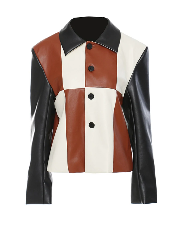 Loose Fit Color-block Pu Leather Big Size Jacket New Lapel Long Sleeve Women Coat Fashion Tide Spring Autumn 2022 M768