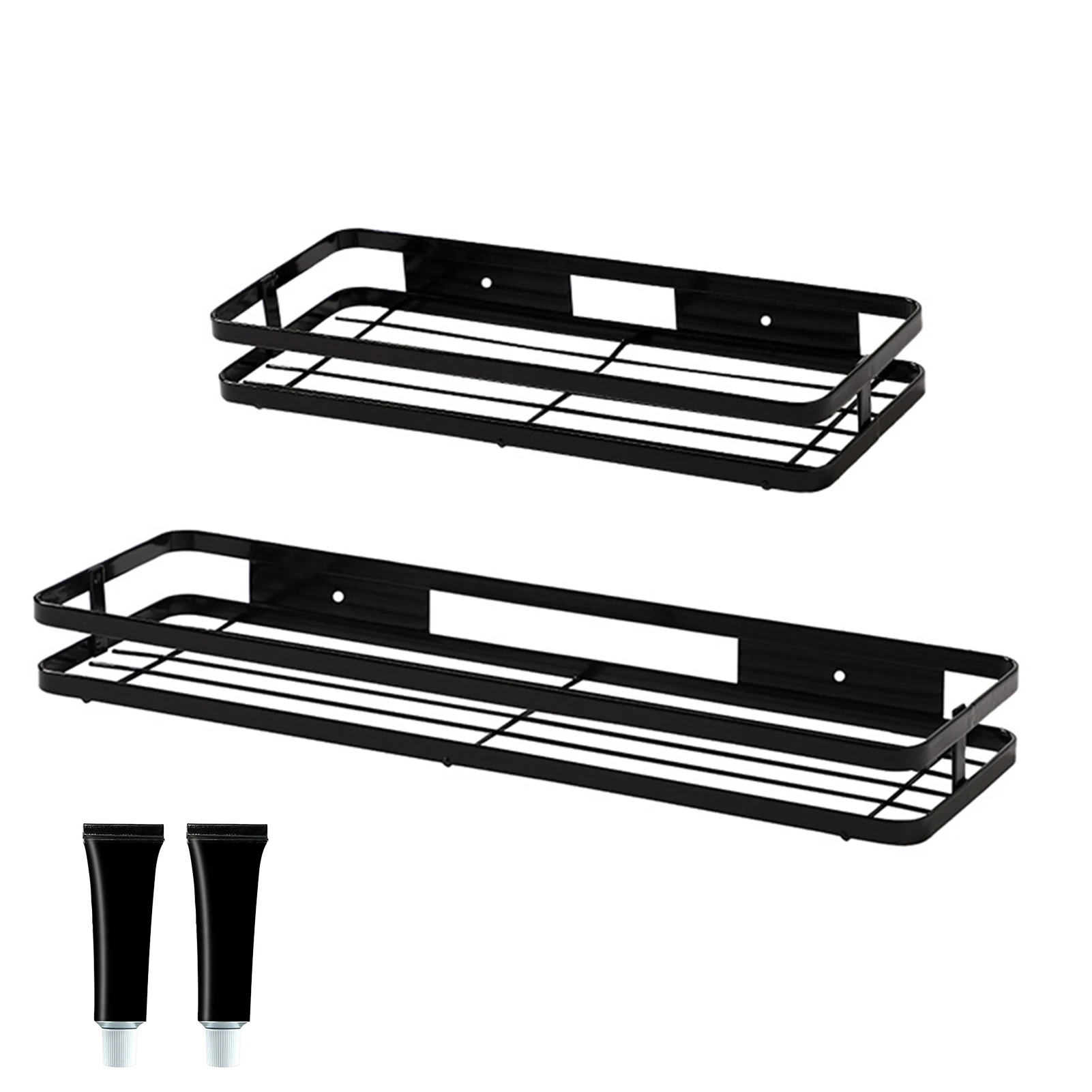

2pcs Kitchen Organizer Adhesive Spices Rack Bathroom Shelf Storage Shower Caddy Black Rustic Wall Mount Quick Drain No Drilling