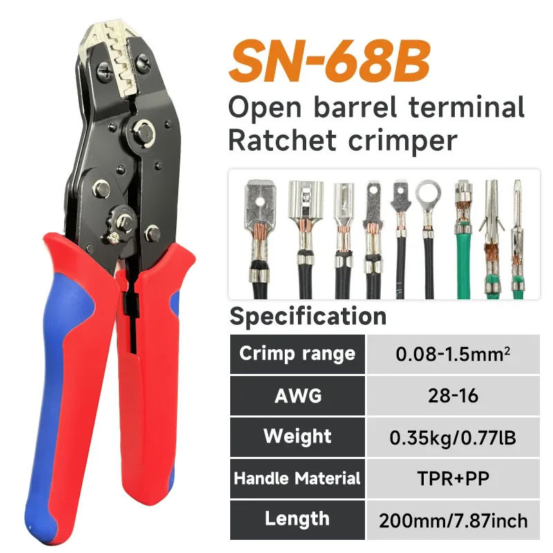 

SN-68B Обжимные клещи Обжимные клещи JST, TE,XH,SM,VH,PH,Molex Клещи с храповым механизмом для инструментов для проводов 0,08-1,5 мм2