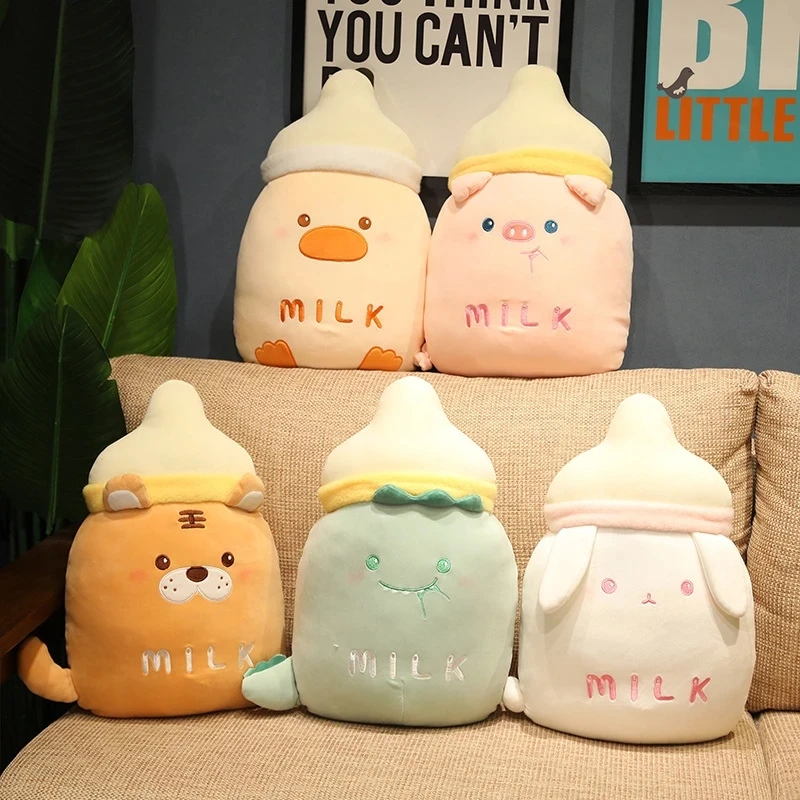 

55cm Ultra Soft Bunny Dino Pig Tiger Duck Pillow Milk Bottle Stuffed Animals Doll Plushie 2-in-1 Flannel Blanket For Nap Gift