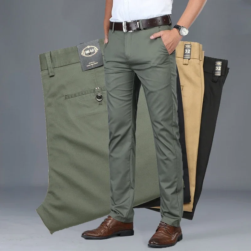 

Spring Summer Cotton Casual Pants Mens Clothing Straight Business Green Black Khaki Trousers Male Brand 2022