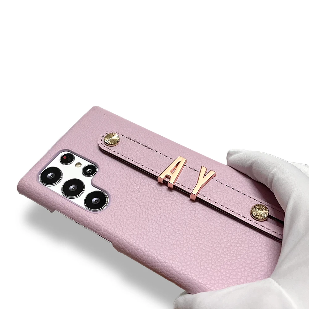 Luxury Leather Custom Name Rose Gold Metal Letters Phone Case For Samsung S20 S21 Fe S22 Plus Note20 Ultra Holder Personalized