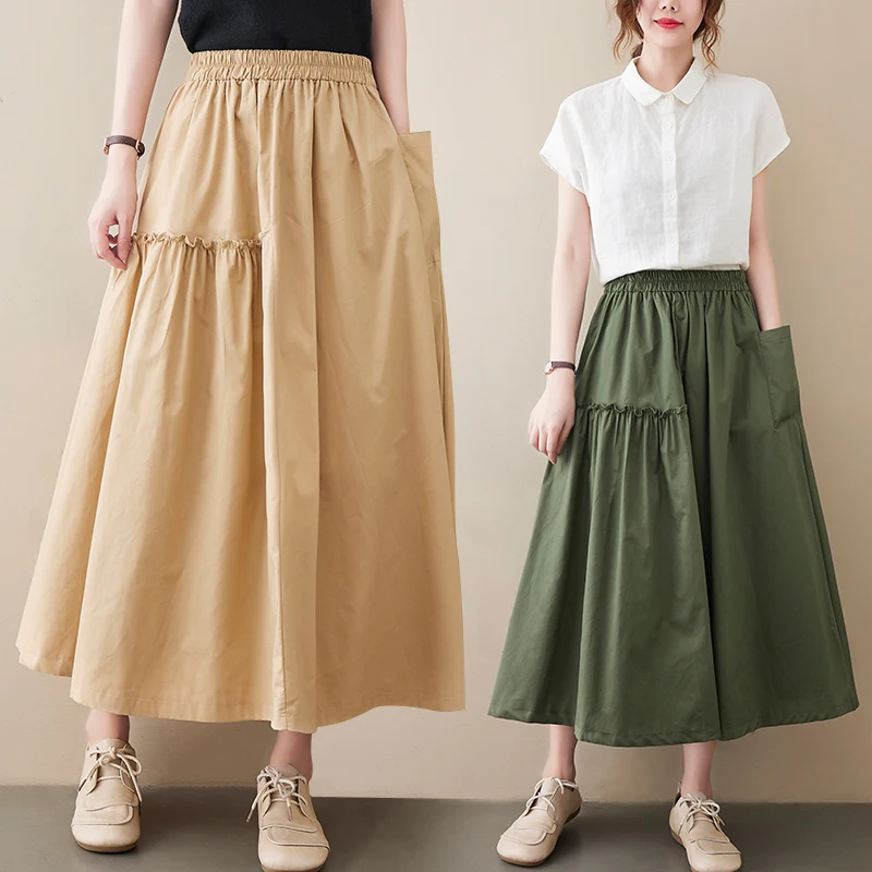 Юбка женская из хлопка и льна модная Свободная Повседневная офисная с завышенной