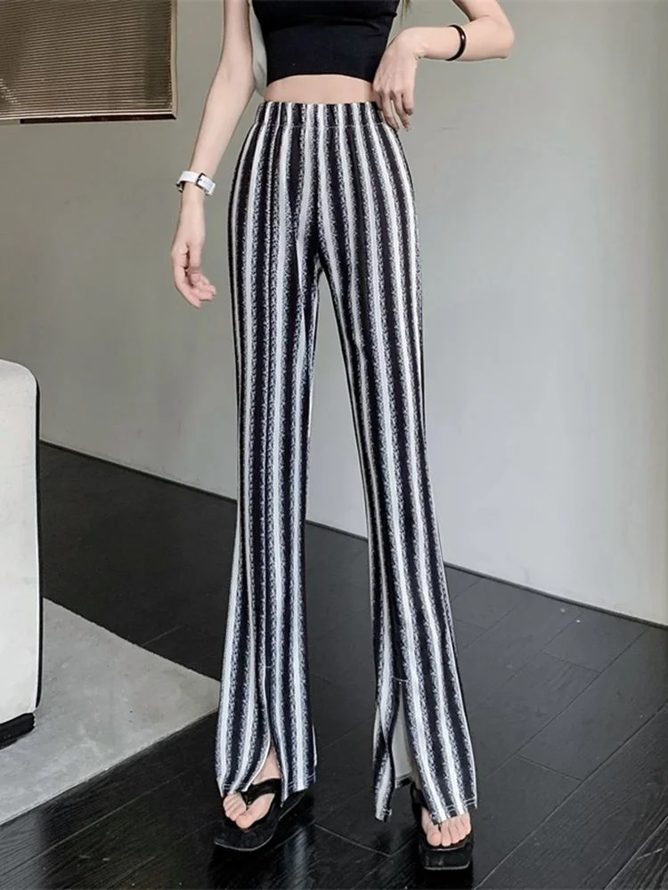 Black White Striped Wide Leg Pants Women's New Spring High Waist Drape Micro Flare Pants Versatile Casual Pants