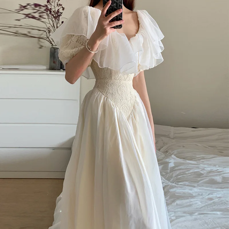 

Vintage French Chic Tea Dresses Women Midi Dress 2022 Summer Palace England Party Stage Robes Vestidos Korean Style Clothes ins