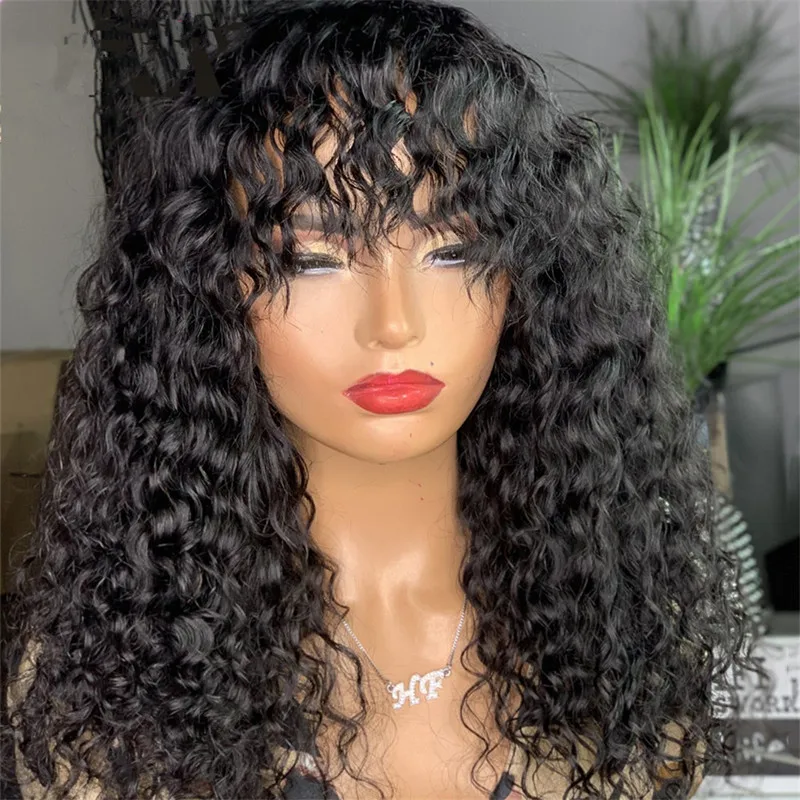 

Soft Natural Black Kinky Curly 26"Long 180Density Machine Wig With Bangs For Black Women High Temperature Cosplay Glueless Daily