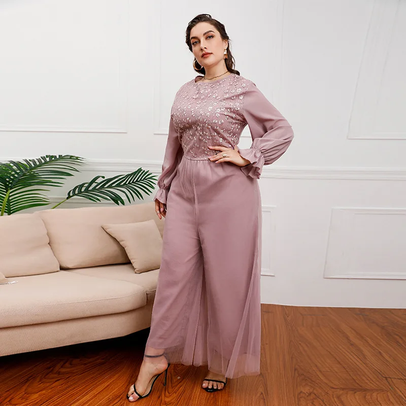

Plus Size 5XL for Women Dress Elegant Long sleeve O-Neck Polyester Clothing 2023 Lotus root pink Cocktail Evening Party Dresses