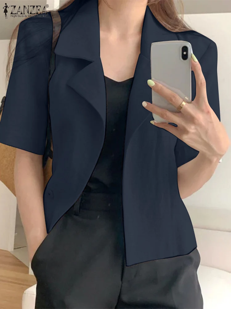 ZANZEA Fashion Blazer Summer Lapel Neck Shirt Woman Solid Color Short Sleeve OL Blouse Femme Casual Streetwear Tops Blusas Mujer