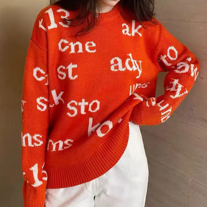 

Letter jacquard ladies wool sweater o-neck long sleeve casual wild loose women sweater pullover tops 2021 autumn new