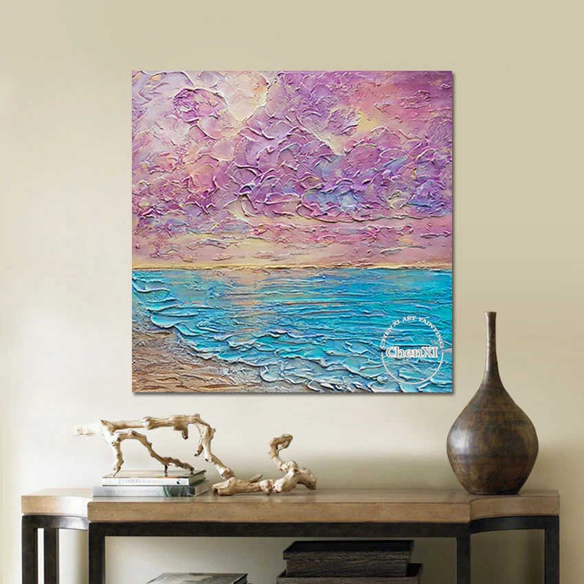 

100% ручная роспись палитра нож закат пейзаж текстура Масляная Живопись морской пейзаж текстура акриловый холст Настенный декор плакат иску...