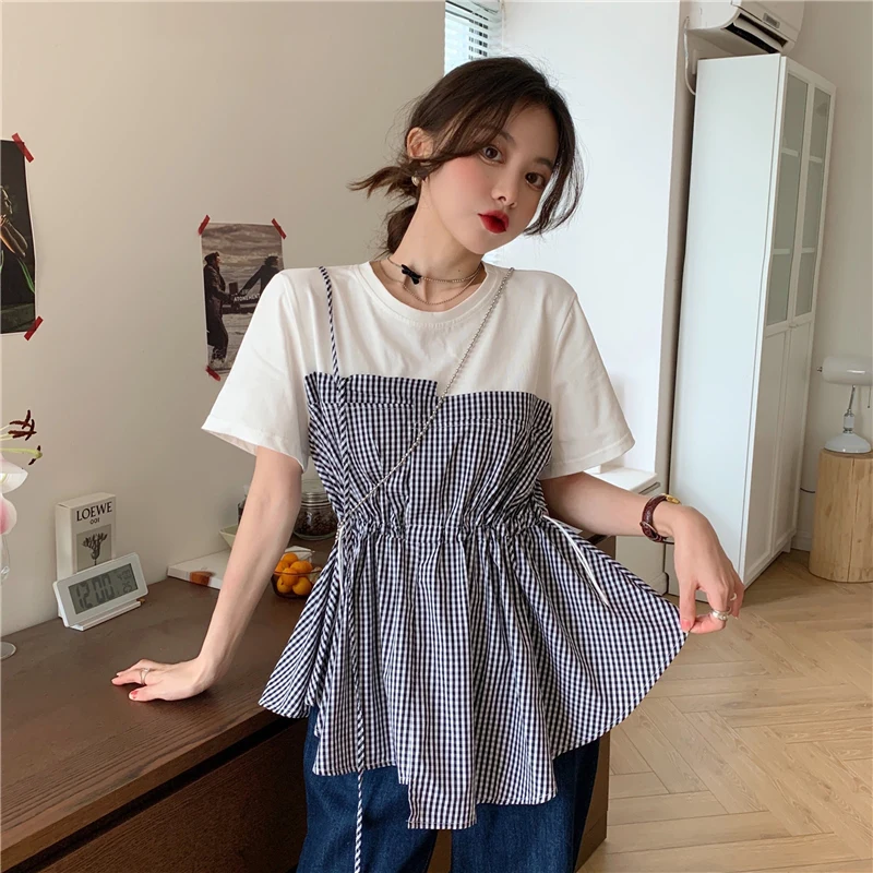 New Cotton Patckwork Cute Fresh College Wind Korean Fashion Street Style Short Sleeve O-neck Women Female Top T-shirts 3 Sizes
