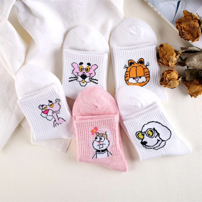 Japanese Kawaii Women Animals Cartoon Tube Socks Cute Egg Rabbit Panther Cotton Long Sokken Female Ladies Pink Milk Dropship