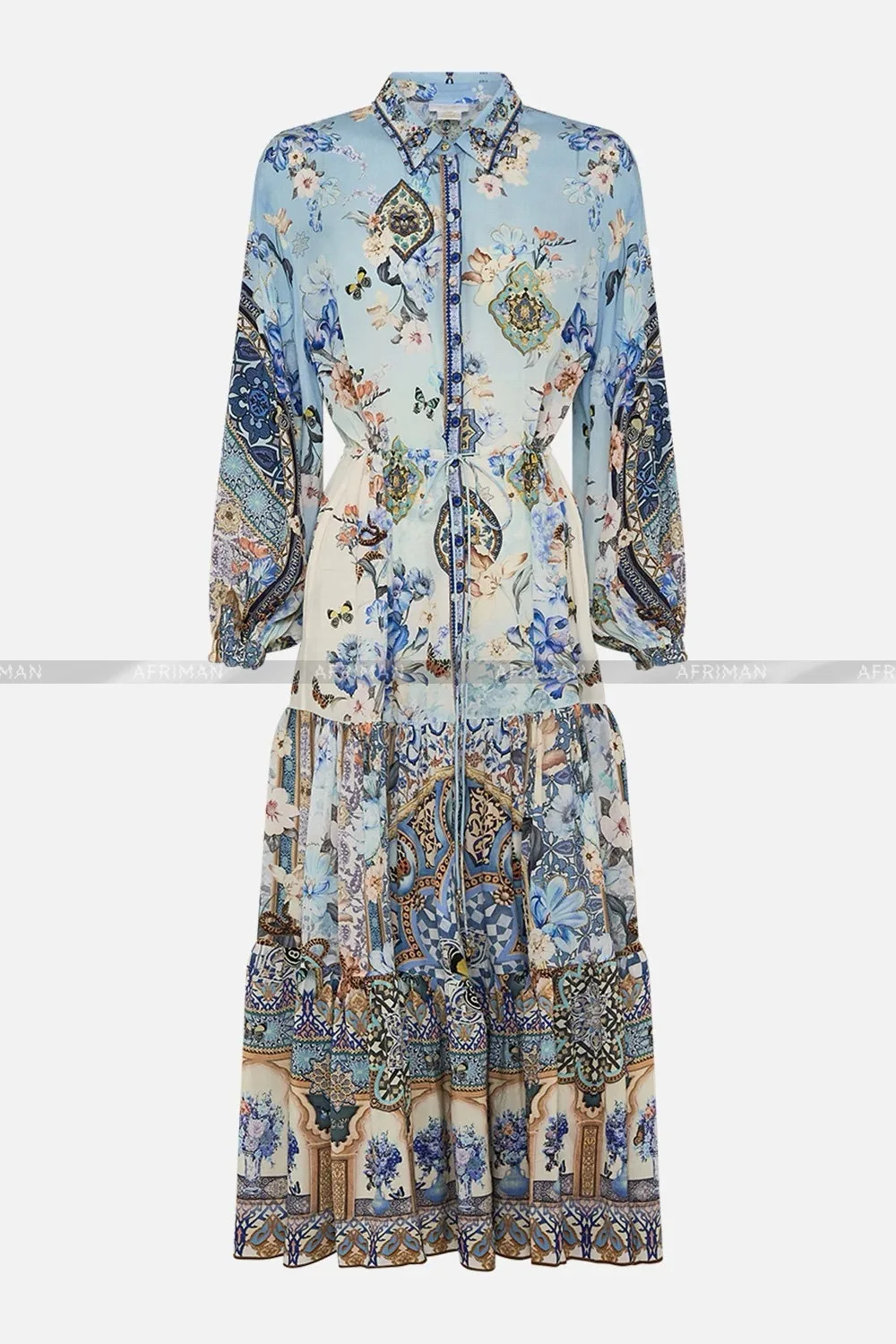 Женское однобортное платье-рубашка из 100% шелка с длинным рукавом и синим