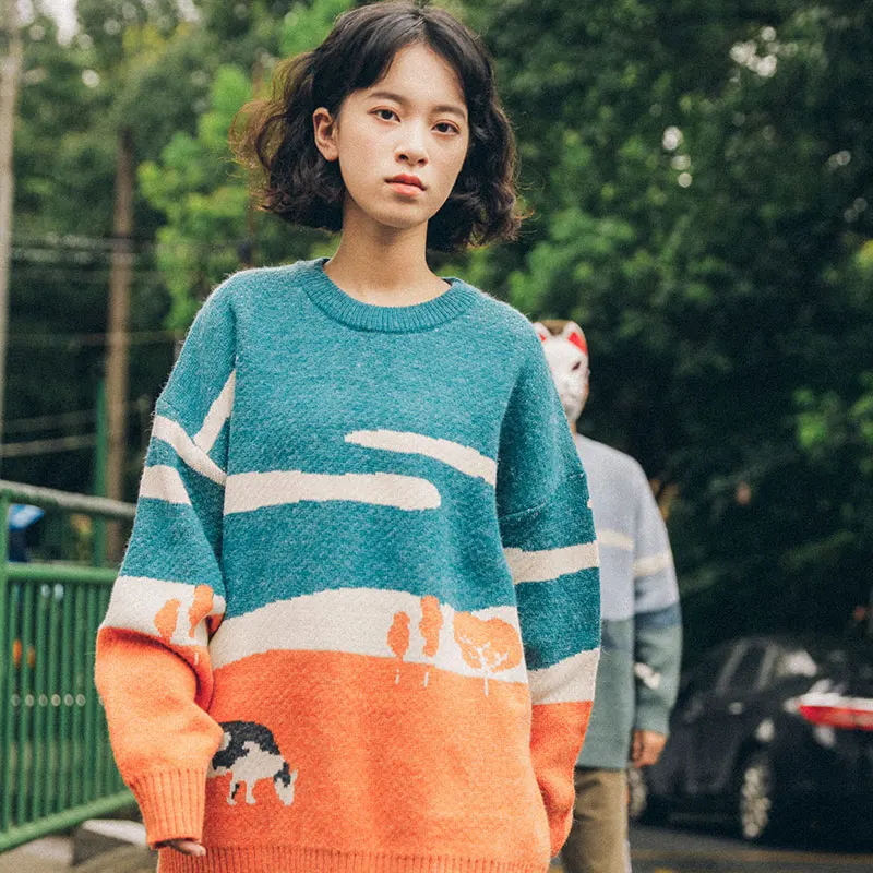 2022 Autumn Winter Men Vintage Cows Couple Sweaters Pullover Mens O-Neck Korean Fashions Sweater Women Casual Harajuku Clothes