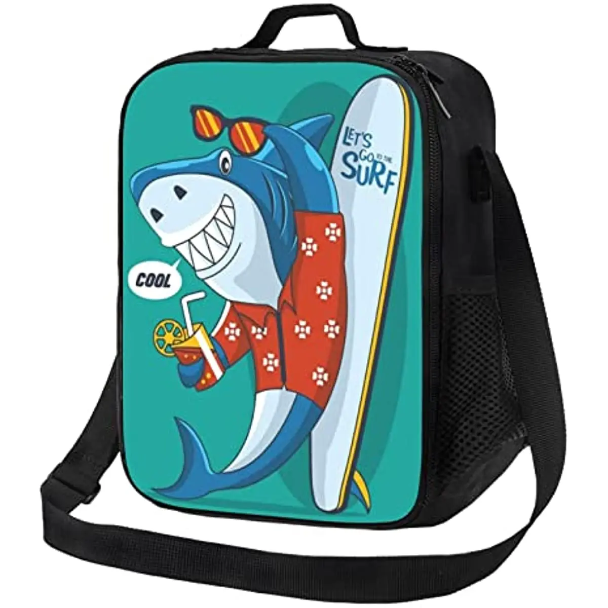 Lunch Box Insulated Lunch Bag Surf Shark Lunch Bag with Shoulder Strap School Bento Lunch Box for Kids Toddlers Teens Black