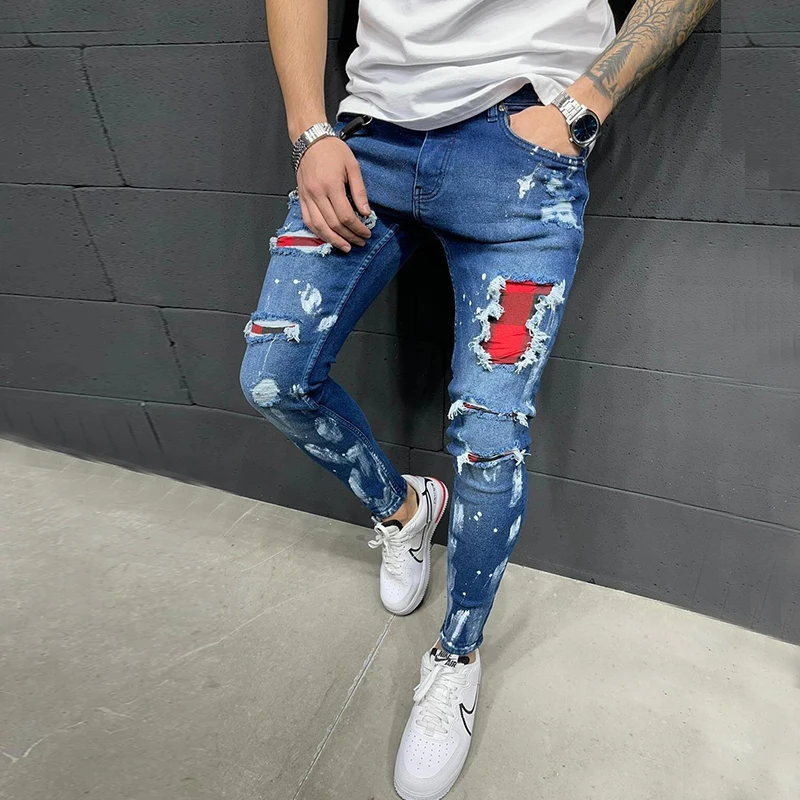 Men's Skinny Ripped Jeans Plaid Patchwork Denim Trousers Hip-Hop Print Jogging Pencil High Quality Denim Men Pants
