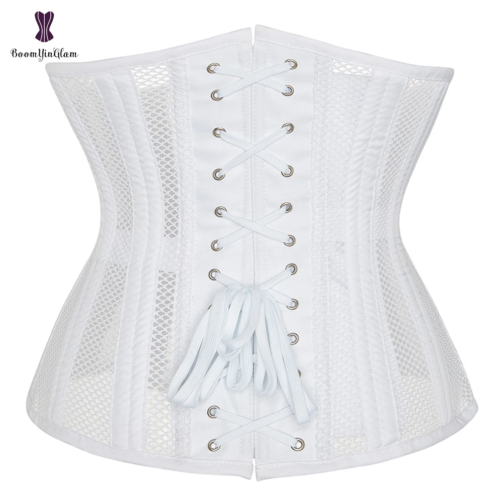 Transparent Hollow Net Underbust Corset Waist Cincher Bustier Black White Outwear Steel Boned Lingerie