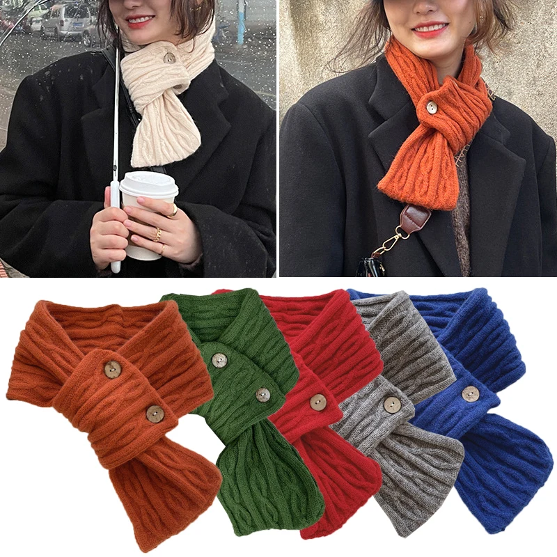 

2022 New Fashion Blue Button Solid Color Luxury Brand Knitted Neckerchief Women Winter Shawls Female Long Skinny Small Muffler