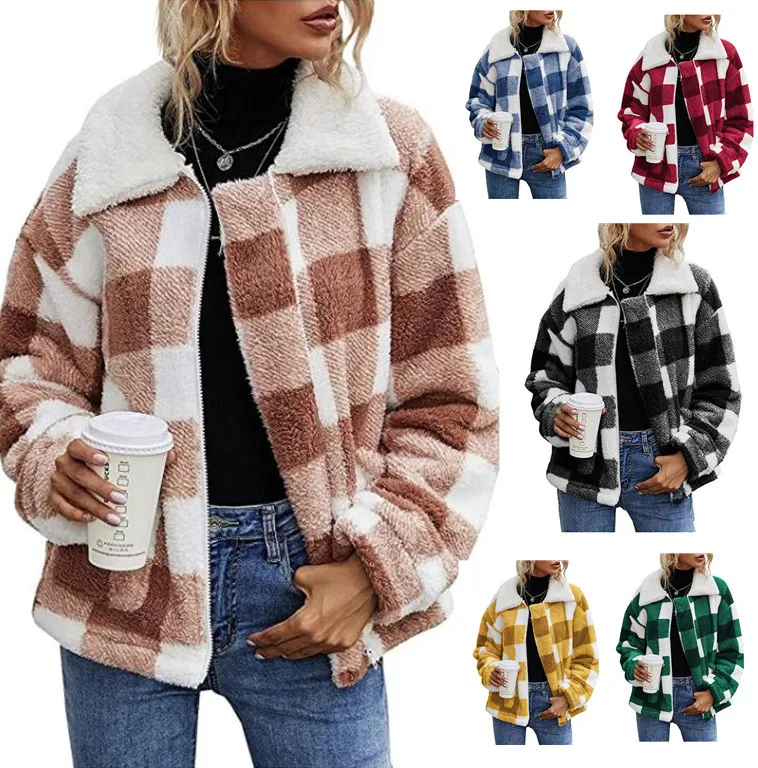 

Winter Coat for Women 2021 New Casual Zipper Cardigan Contrast Plaid Coats