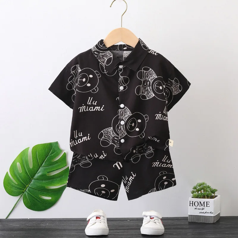 

Детский летний комплект рубашки с коротким рукавом, футболка и шорты с принтом медведя для маленьких мальчиков, комплект из 2 предметов, детский модный костюм с отворотом, шезлонг