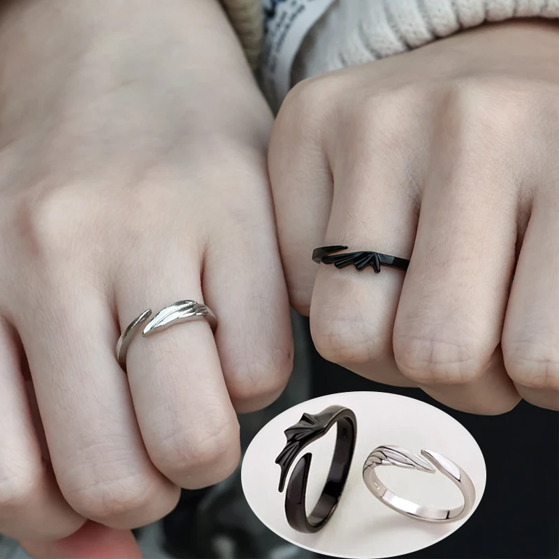 

2Pcs Black White Angel Devil Ring Couple Matching Rings Adjustable Sun Moon Dragon Open Promise Jewelry Anniversary Gifts