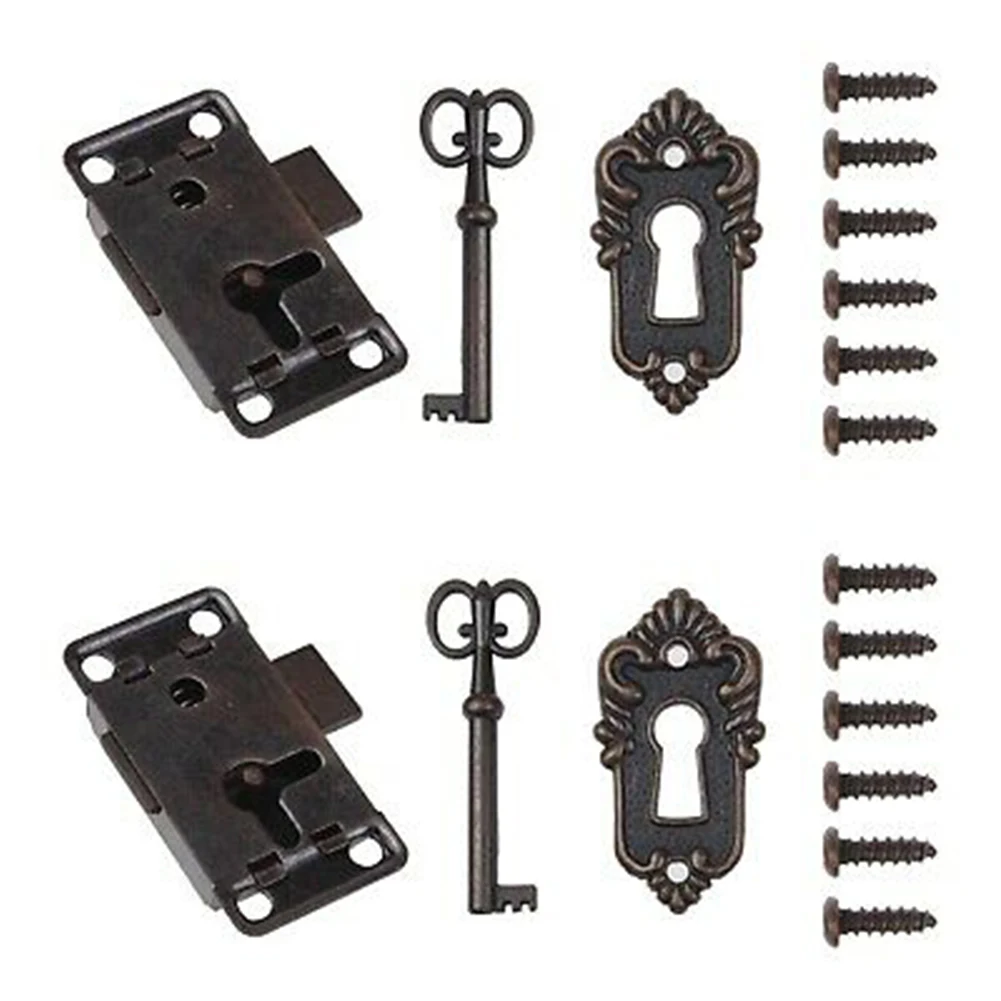 

2Set Cabinet Door Locks Drawer Jewelry Wood Box Lock With Key Antique Small Box Cabinet Door Locks Furniture Hardware 53x26mm
