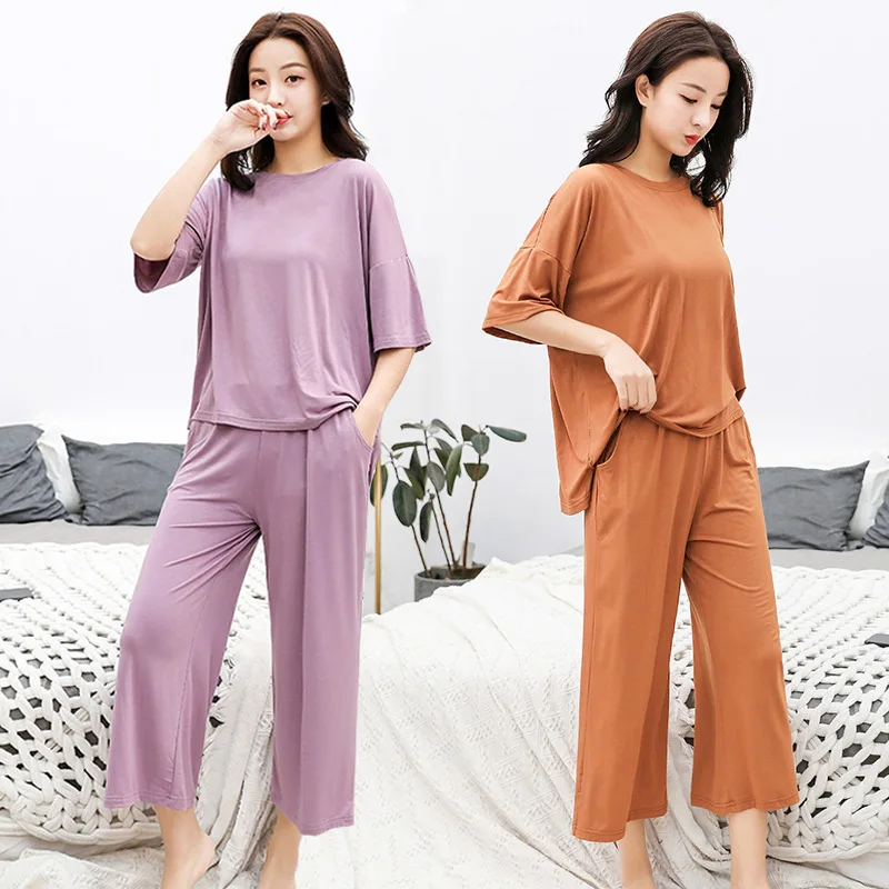

Summer 2 Piece Set Women Modal Homewear Loose Plus Size Girl Sleepwear Short Sleeve Wide Leg Pants Set Lady Two Piece Pajama Set