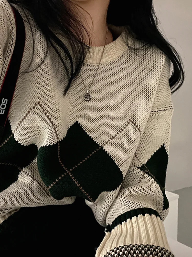 

Hot Sale 2023 Argyle Pattern Sweater Streetwear Loose Tops Women Pullover Female Jumper Long Sleeve Turtleneck Knitted Ribbed S
