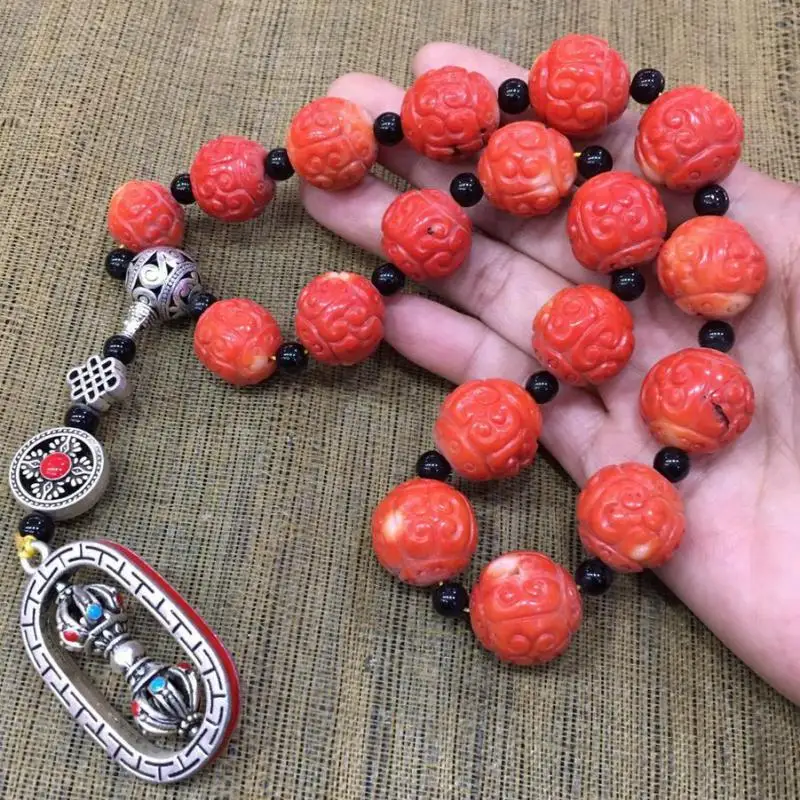 

Браслеты из натурального красного коралла с тибетской буддистской подвеской Ваджра красивый узор 18 бусин буддийский браслет рука розарий