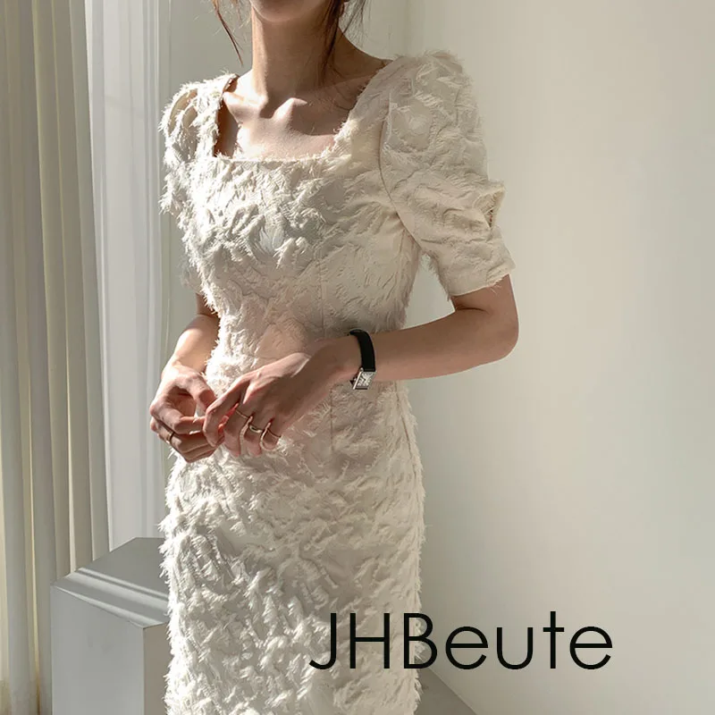 

JHBeute Korean Vintage Square Neck Slim Backless Black Feather Tassel Bag Hip Dress Women Summer Puff 2022 New Sleeve Midi Dress