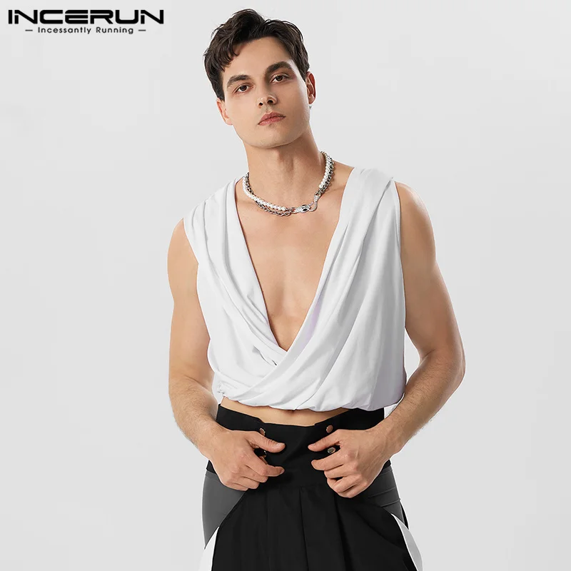 

INCERUN Tops 2023 American Style Men's Fashion Pile Neck Solid Color Tank Tops Casual Cropped Sleeveless Hooded Waistcoat S-5XL