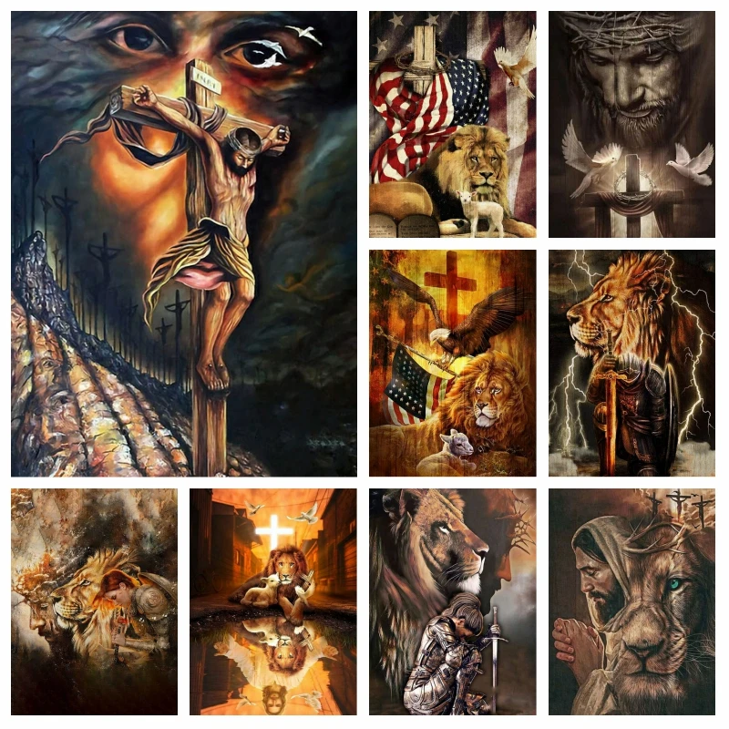 Jesus Lion Knight Templar Cross Christian 5D DIY  Drills Diamond Painting Mosaic Embroidery Cross Stitch Gift For Christmas