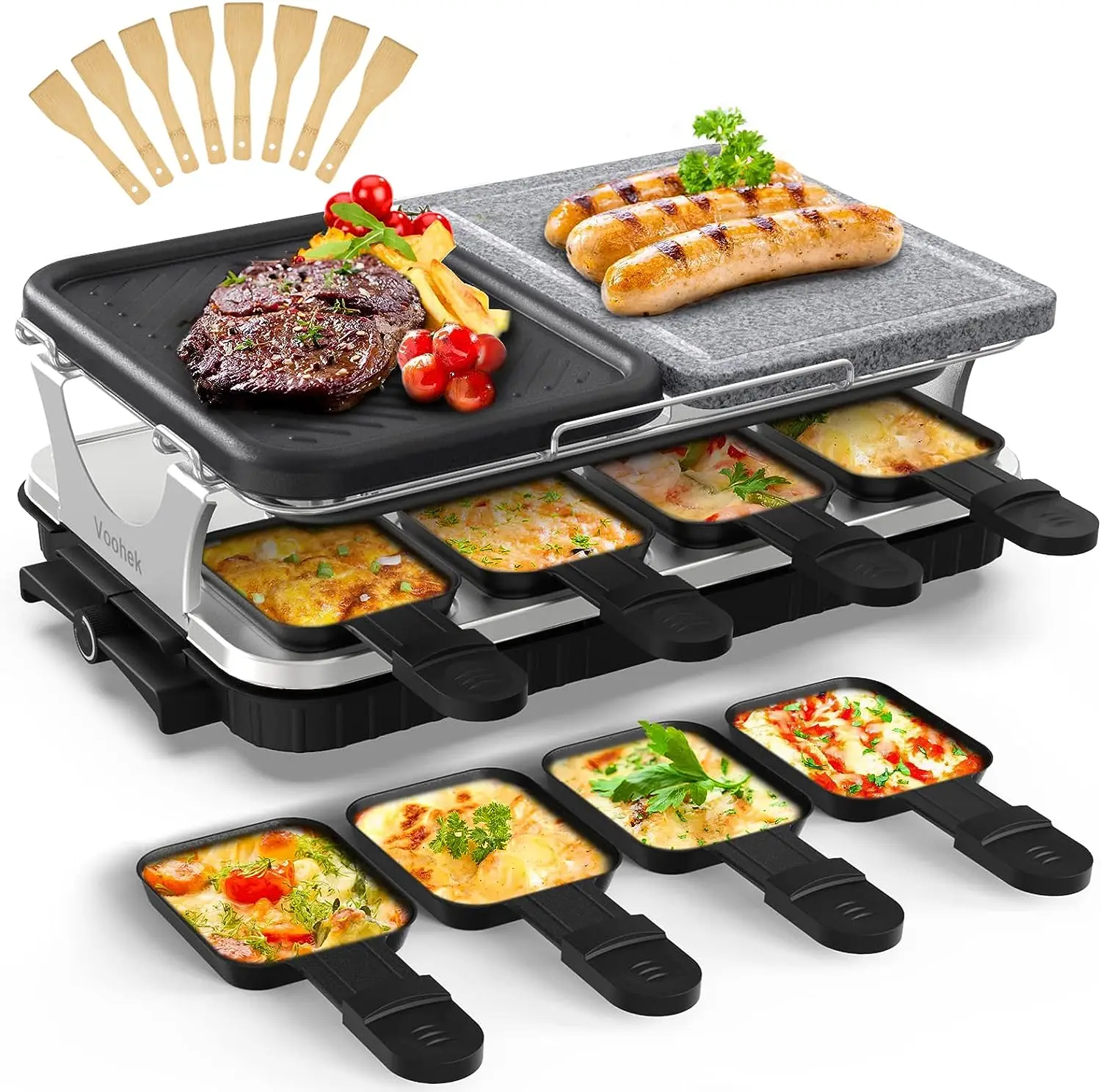 

BBQ Grill Raclette Table Grill Hibachi Indoor Grill 2 in 1 Non-stick Grilling Plate and Natural Cooking Stone Adjustable Temper