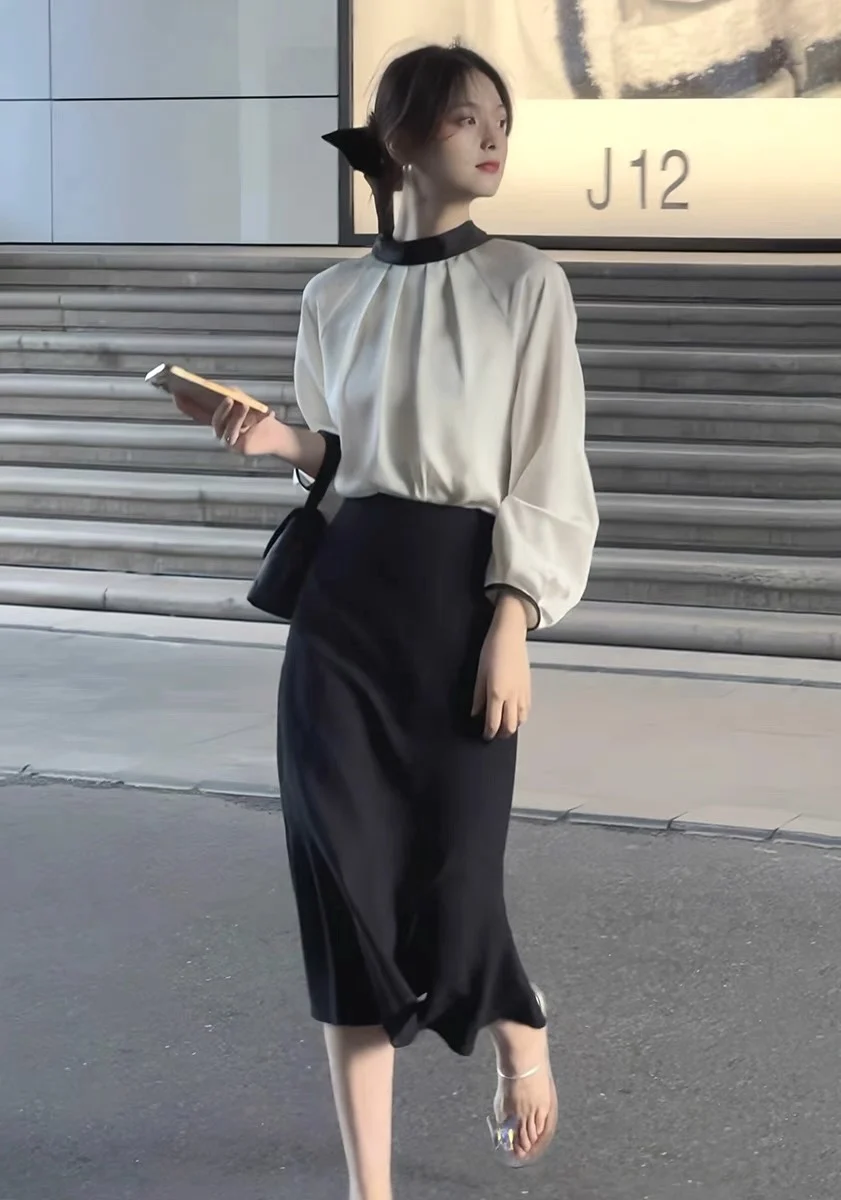 

New women's clothing for spring and summer 2023 Contrast Color Stand-up Collar Shirt with Fishtail Skirt Suit 0316