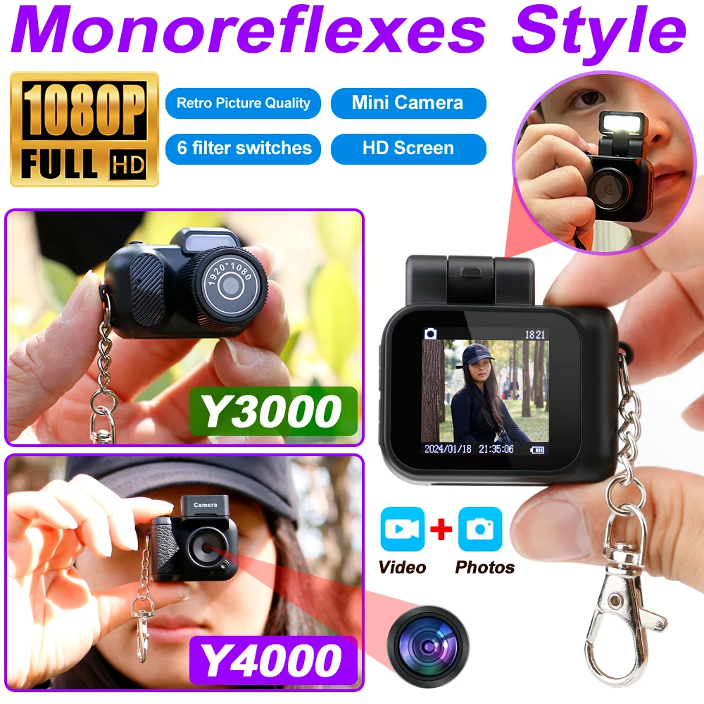 Фото Y4000 Детская мини-камера в стиле Monoreflexes со вспышкой и аккумуляторной док-станцией Портативный видеорегистратор 1080P с ЖК-экраном Y3000 №1