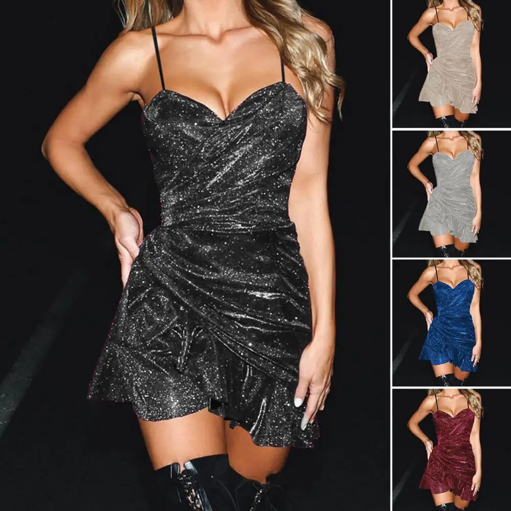 

Stunning Shining Fabric Nightclub Dress Sexy Women's Sling Bandeau Mini Dress with High-waist Ruffle Hem Suspender Waist Tight