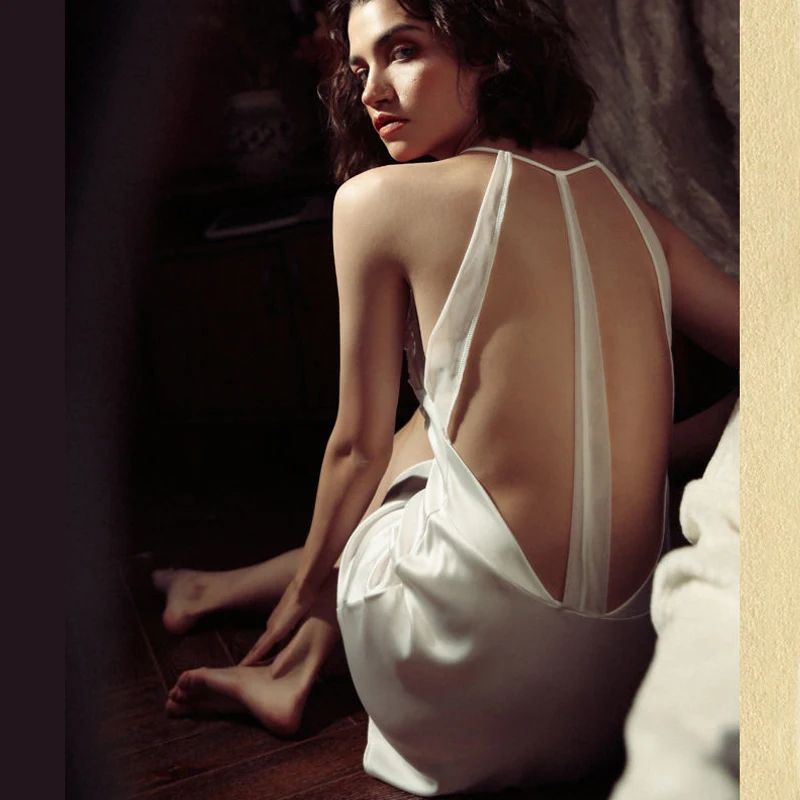 

Black White Deep V Backless Elegant Stain Women Nightdress Home Clothes Hot Sexy Lingerie Sleepwear Nighty for Ladies Nightgown