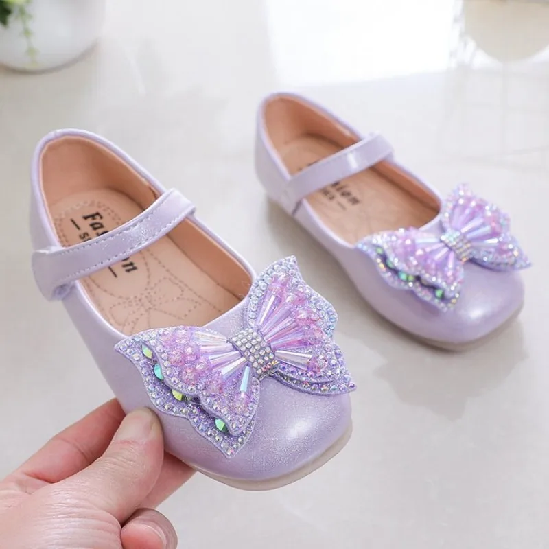 

Spring New Girls Shoes Children Crystal Princess Shoes Korean Style Bow Tie Single Shoes Sweet Style Shoes أحذية غير رسمية