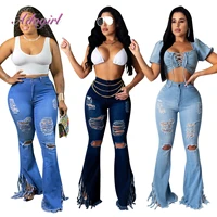 jeans women causal ribbon distressed high waist bell bottom flare pleated denim pants washed elastic workout streetwear trousers